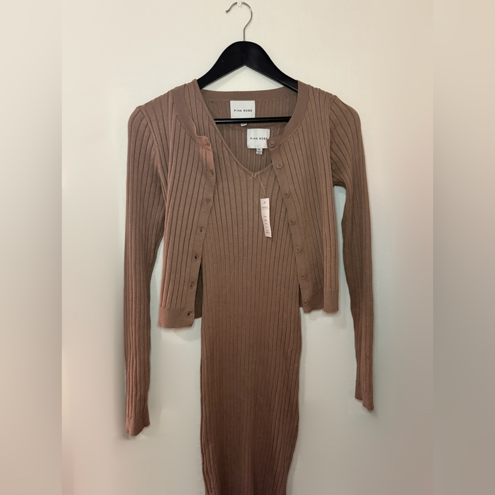 Maxi Ribbed Dress With Button Up Cardigan